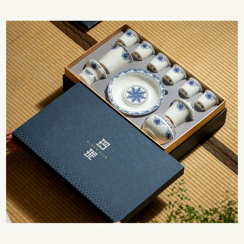 Blue-and-White Linglong Porcelain Gongfu Tea Set | 6-Person Gift Box Service