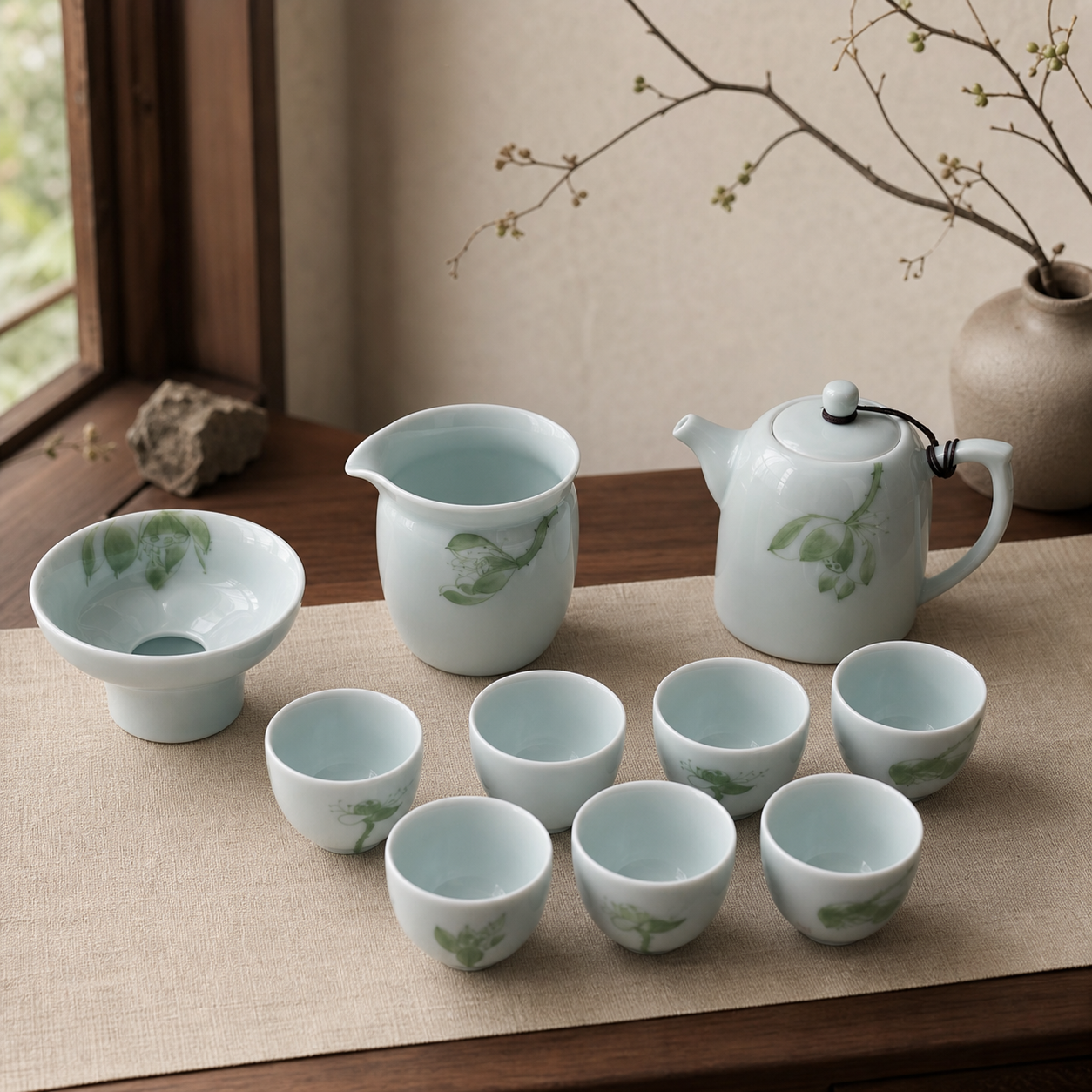 Nine-piece celadon tea set in a warm walnut tea room
