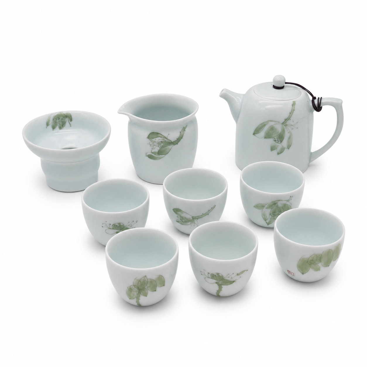 Nine-piece celadon tea set, right-front white studio view