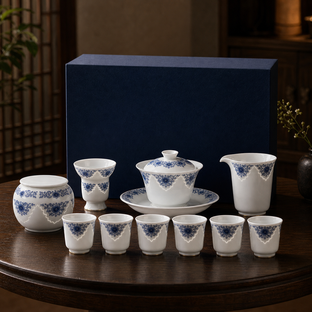 Gift box lifestyle scene for Linglong porcelain gaiwan tea set