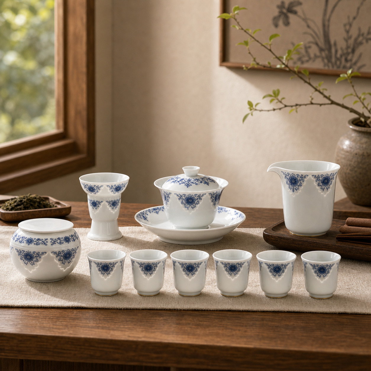 Warm tea room lifestyle scene for Linglong porcelain gaiwan tea set