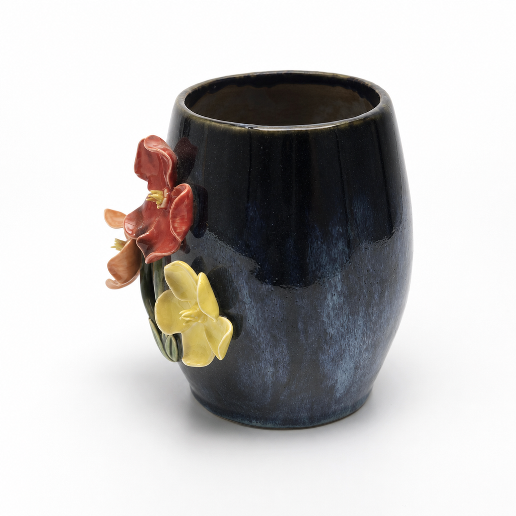 Night Garden ceramic vessel, side three-quarter white studio view