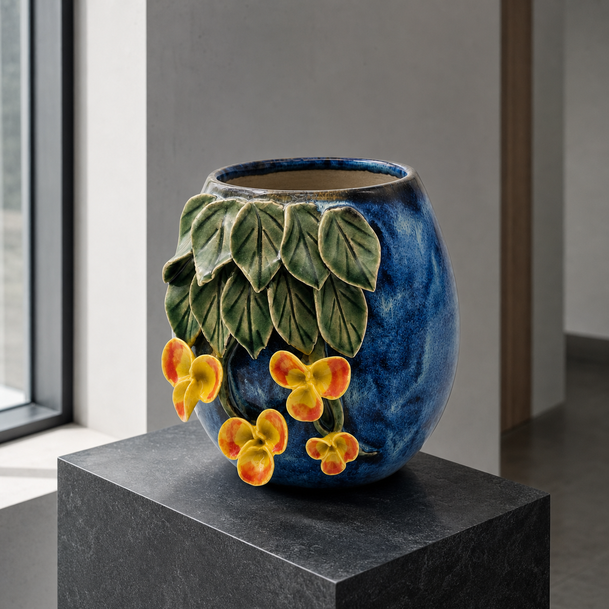 Verdurous Flora ceramic vessel on a charcoal stone pedestal