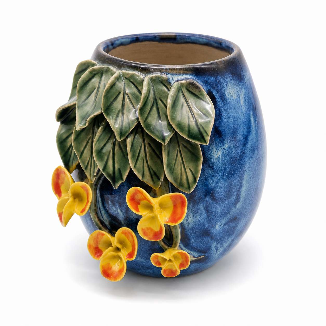 Verdurous Flora ceramic vessel, left-front white studio view
