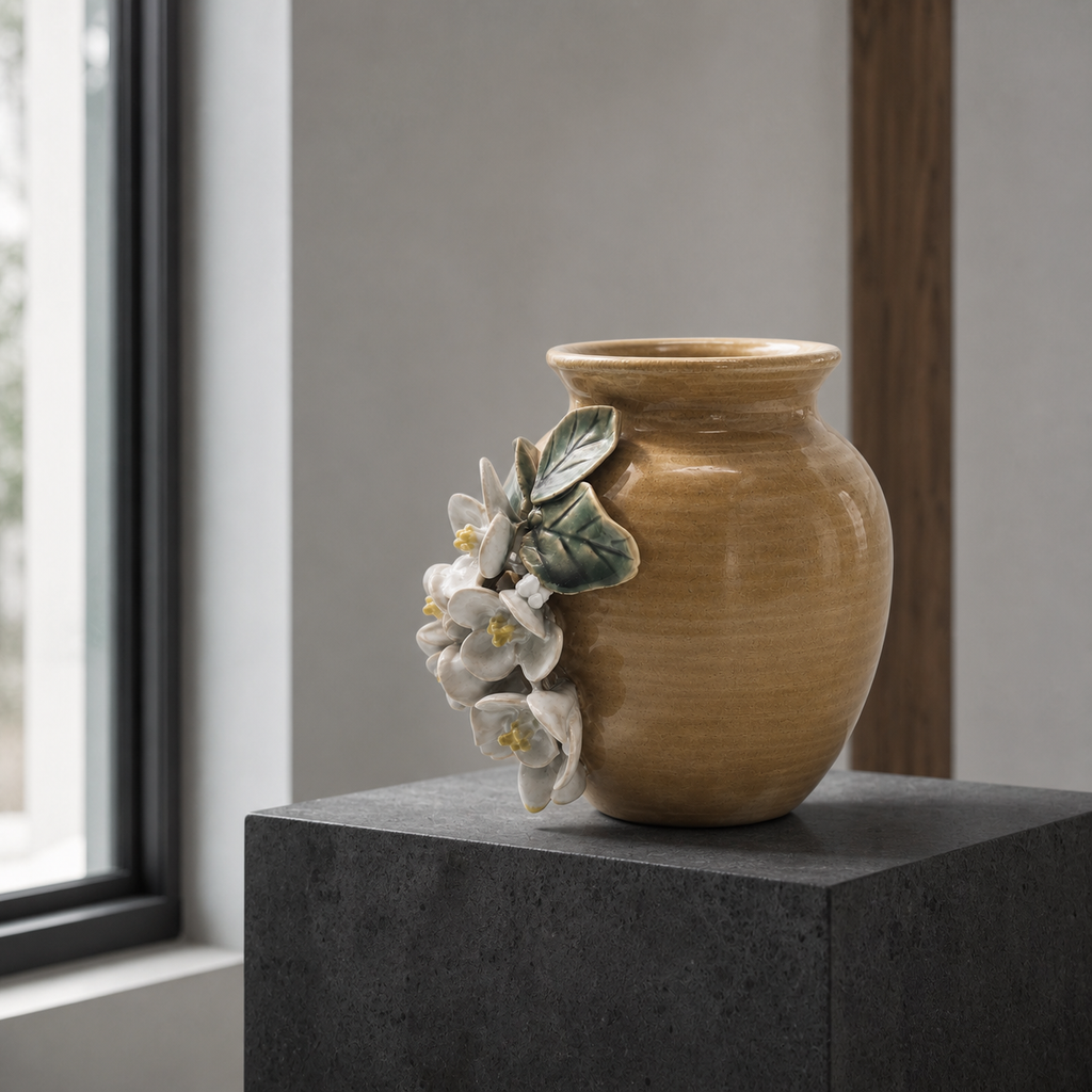 Honey Blossom ceramic vessel on a charcoal stone pedestal