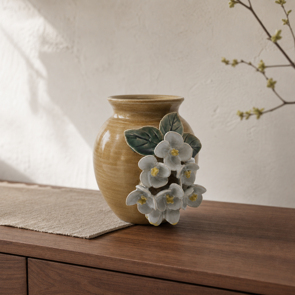 Honey Blossom ceramic vessel on a warm walnut console