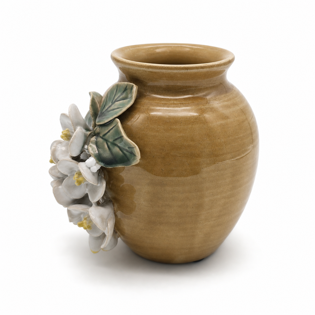 Honey Blossom ceramic vessel, left-side white studio view