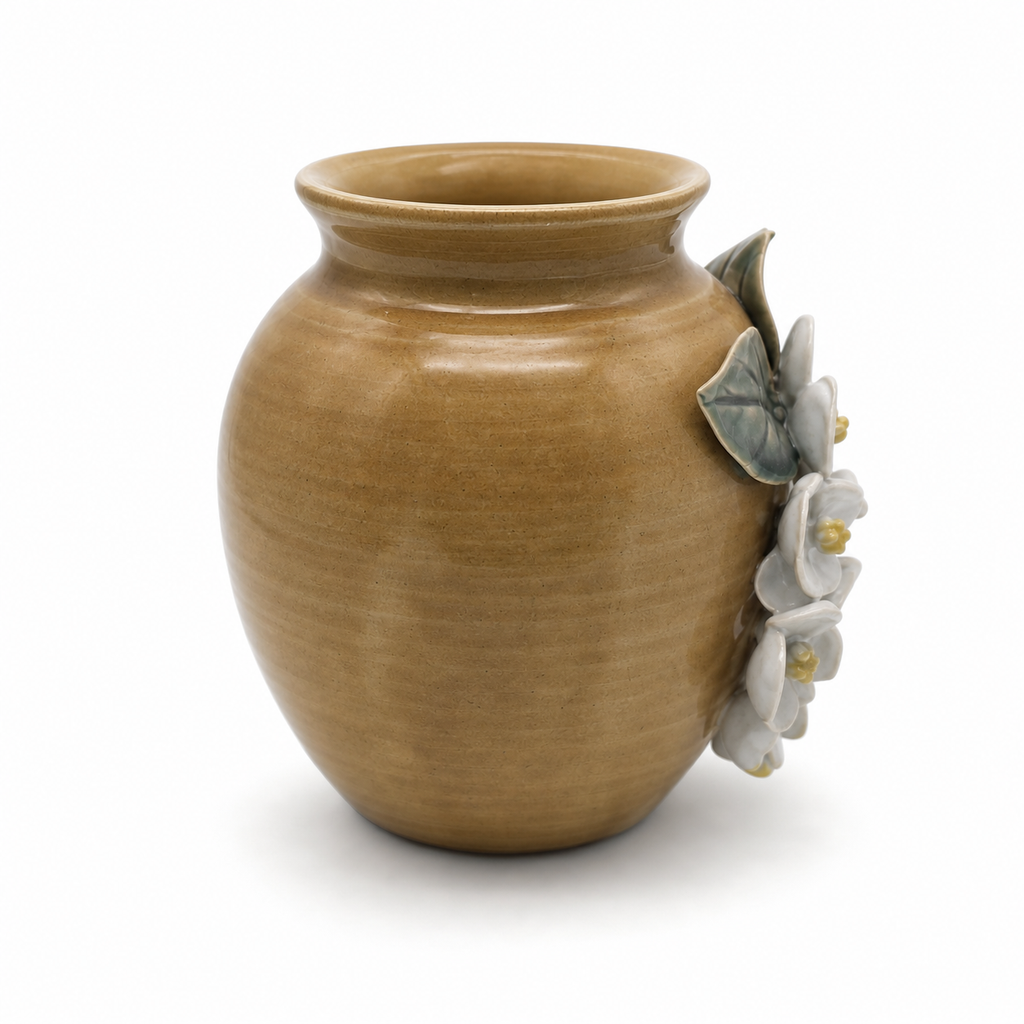 Honey Blossom ceramic vessel, rear white studio view
