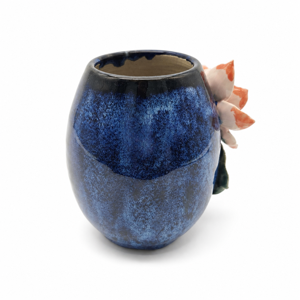 Blooming Pink Lotus vessel, rear white studio view