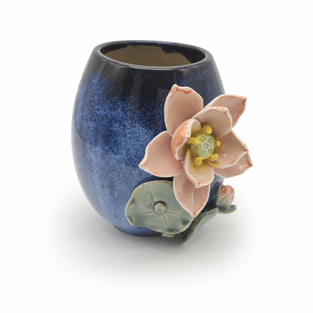 Blooming Pink Lotus vessel, right-front three-quarter white studio view