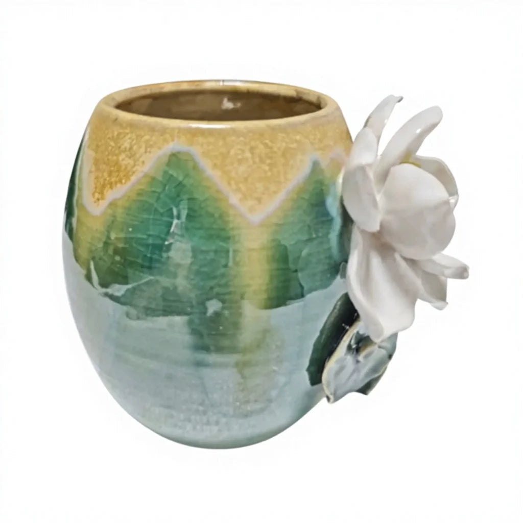 Sacred Lotus Ceramic Relief | White 3D Lotus on Teal Crackle Glaze