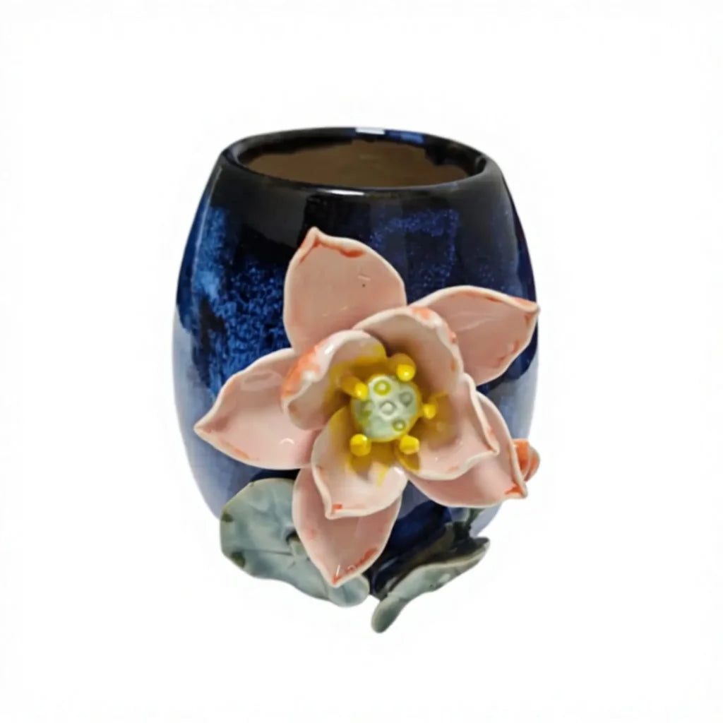 Blooming Pink Lotus Relief | Handcrafted Blue Kiln-Glazed Zen Art