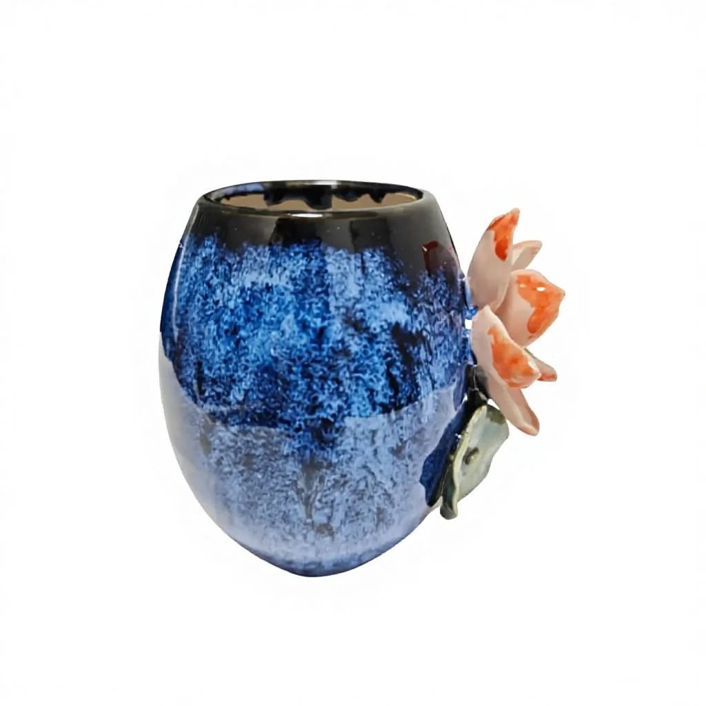 Blooming Pink Lotus Relief | Handcrafted Blue Kiln-Glazed Zen Art