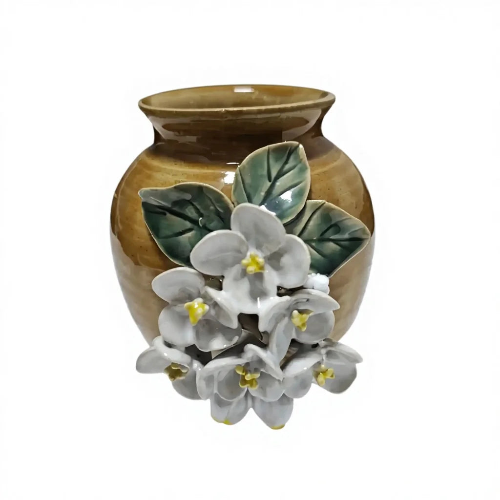 Verdurous Flora Ceramic Relief | 3D Green Leaf & Yellow Blossom Art