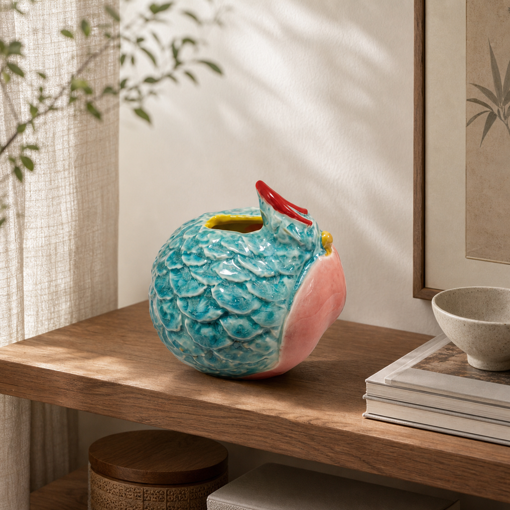 Bird-shaped ceramic relief decor styled on a warm wood shelf