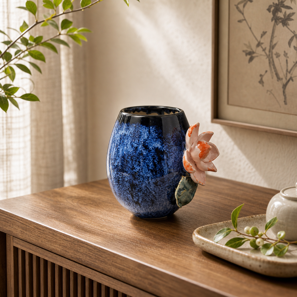 Blooming Pink Lotus ceramic relief decor lifestyle scene 1
