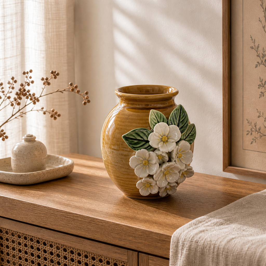 Honey-glazed floral ceramic relief decor lifestyle scene 1
