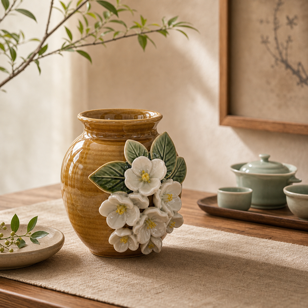 Honey-glazed floral ceramic relief decor lifestyle scene 2