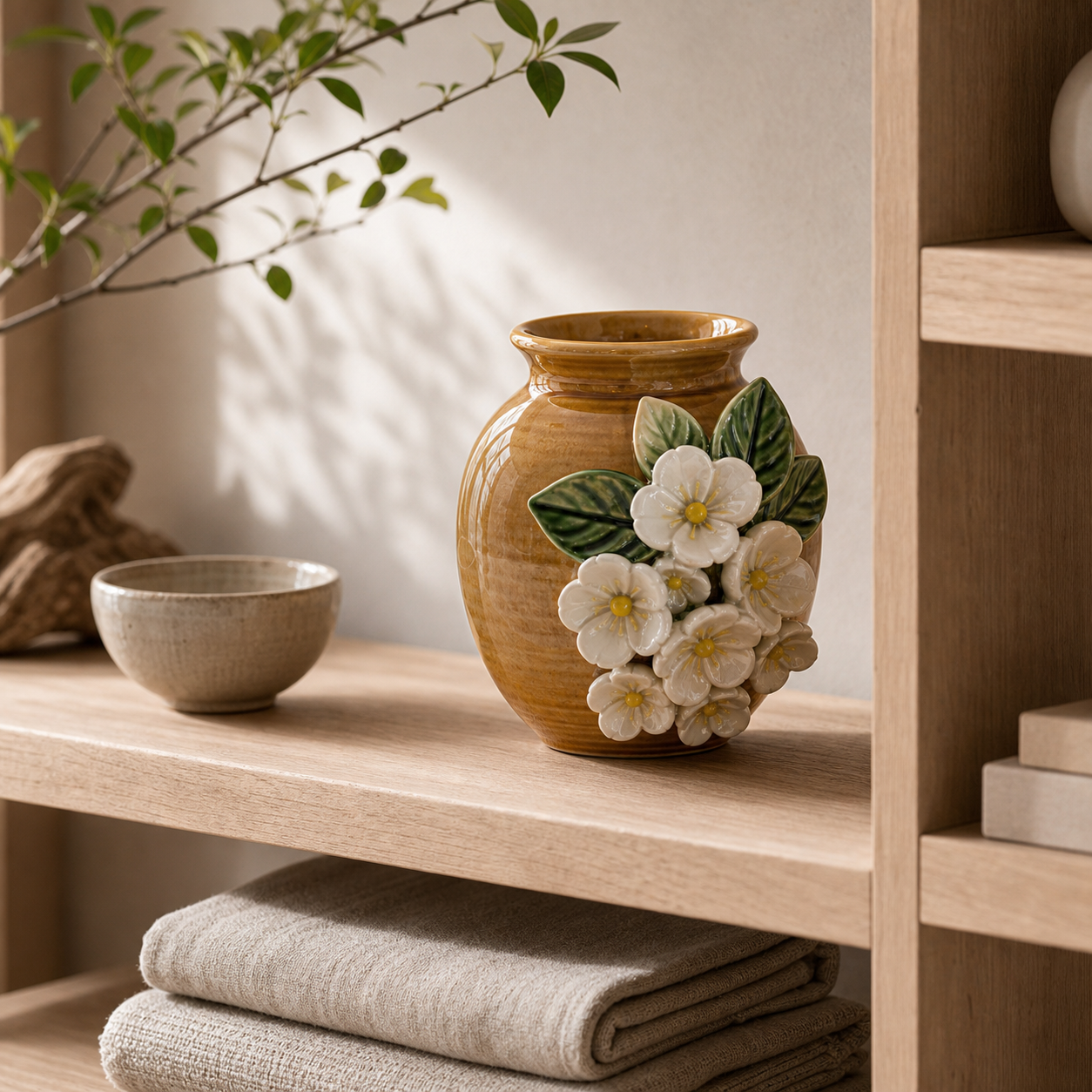 Honey-glazed floral ceramic relief decor lifestyle scene 3