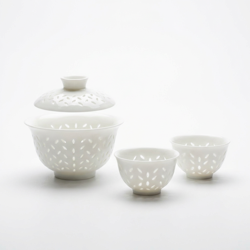 Luxury Linglong Porcelain Gaiwan Tea Set | Heat-Insulated Hover Lid