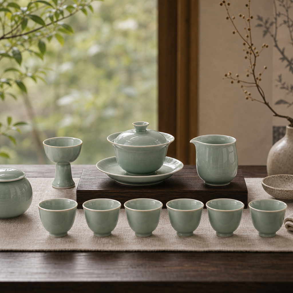 Celadon gaiwan tea set arranged in a serene tea room