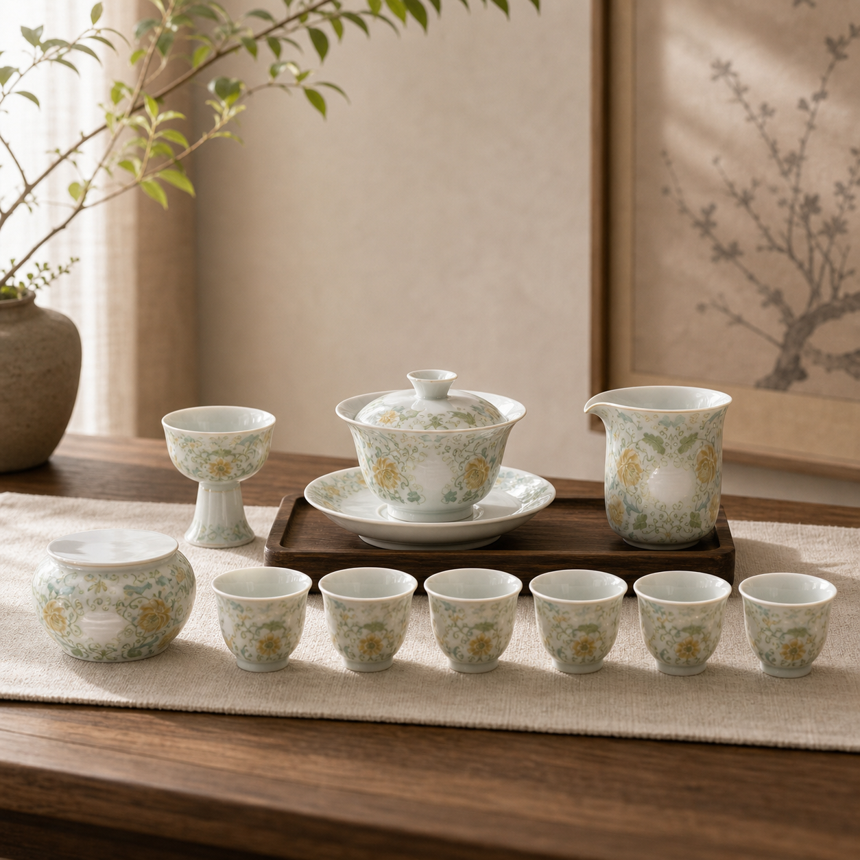 Linglong porcelain gaiwan tea set lifestyle scene 1