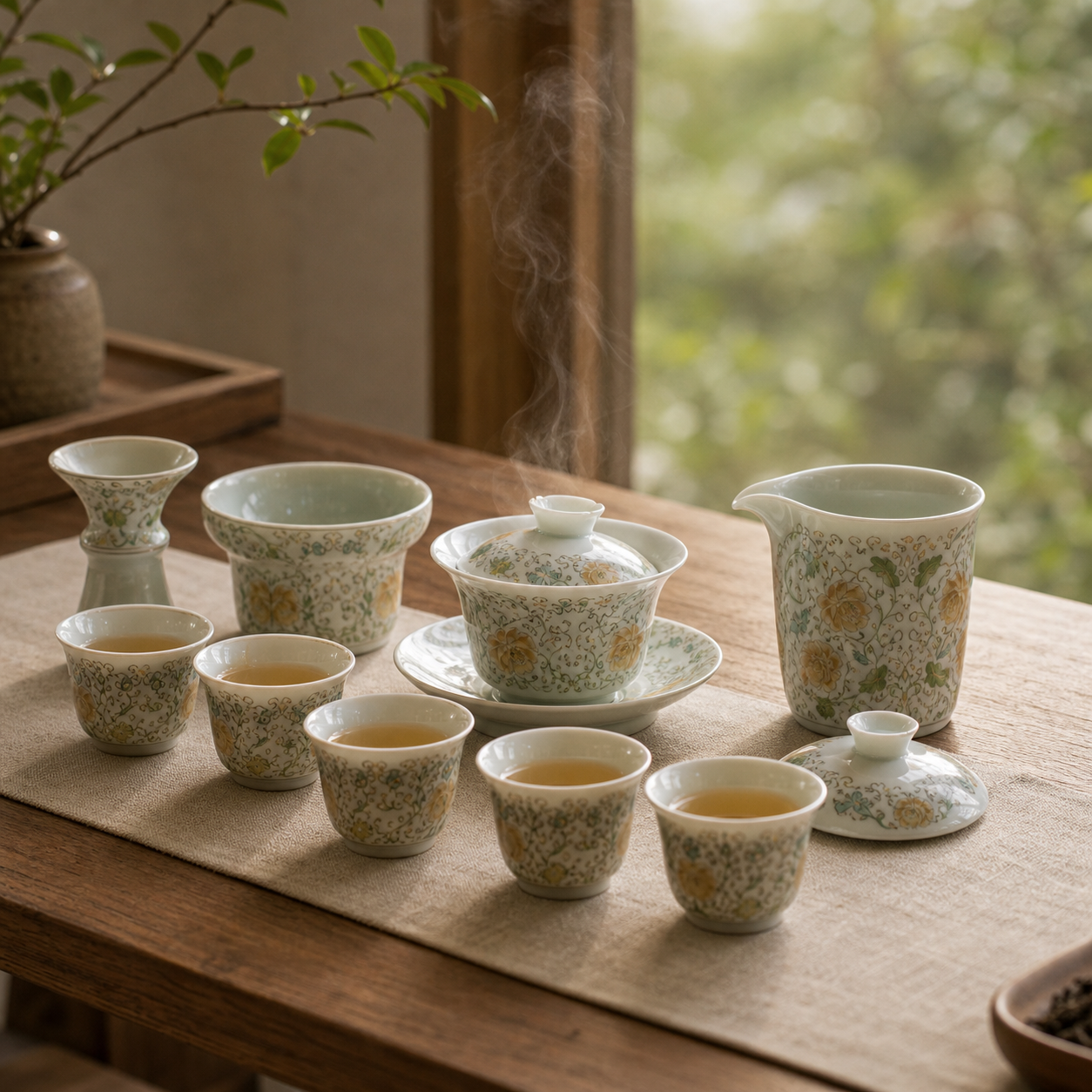 Linglong porcelain gaiwan tea set lifestyle scene 2