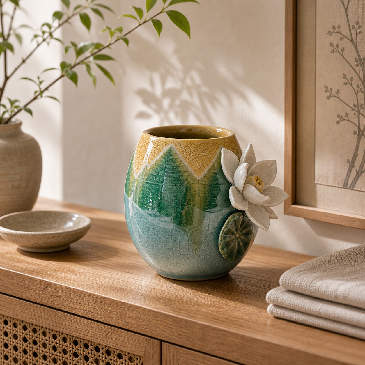 Sacred Lotus ceramic relief decor lifestyle scene 1