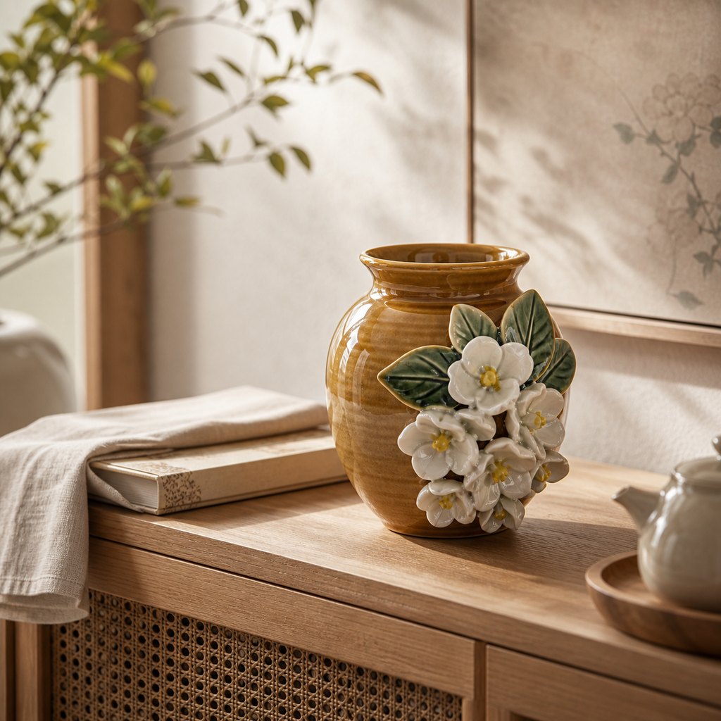 Verdurous Flora ceramic relief art styled on a warm wood console