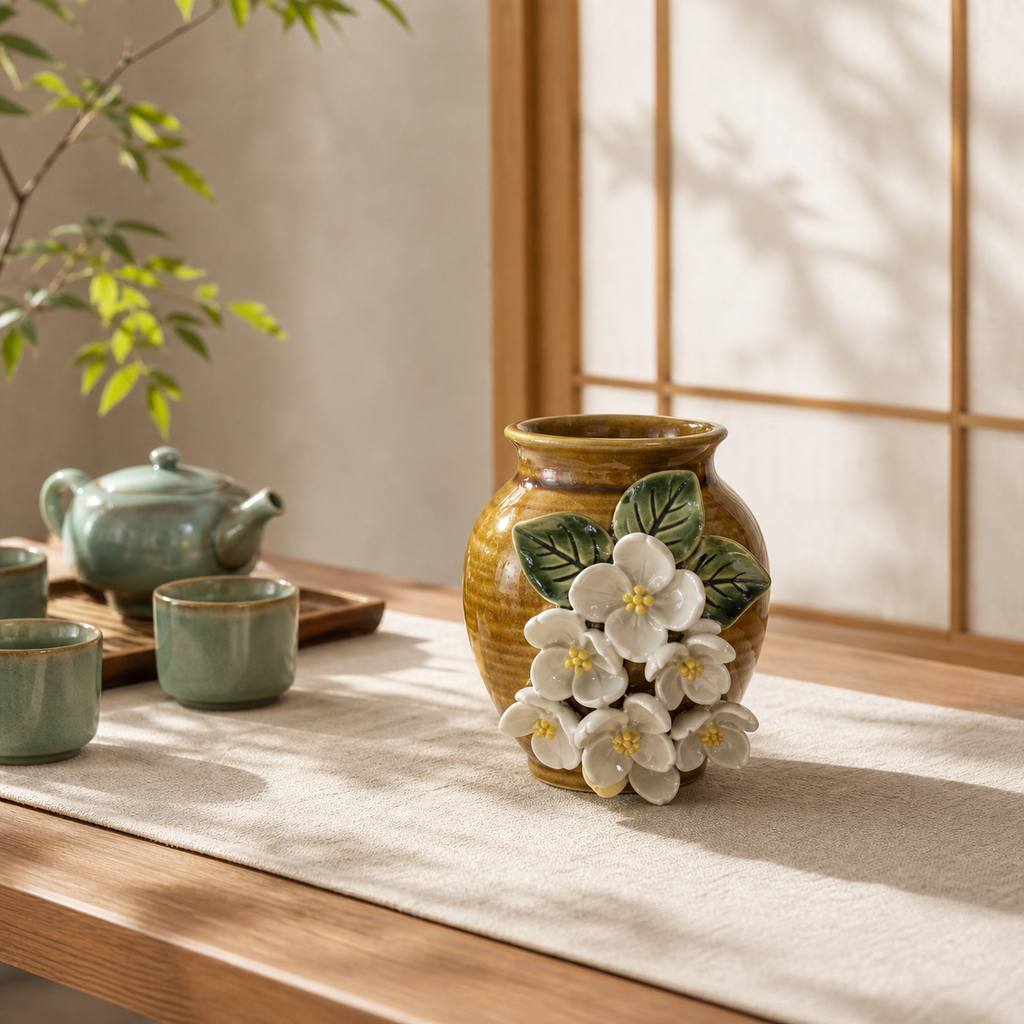Verdurous Flora ceramic relief art in a serene tea corner